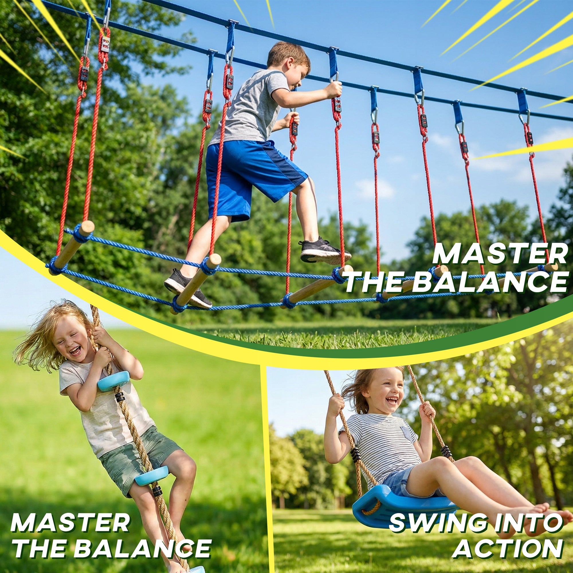 AIYAPLAY Ninja Line for kids, 24 m Slackline set with 7 obstacles Kid's age 3+ years