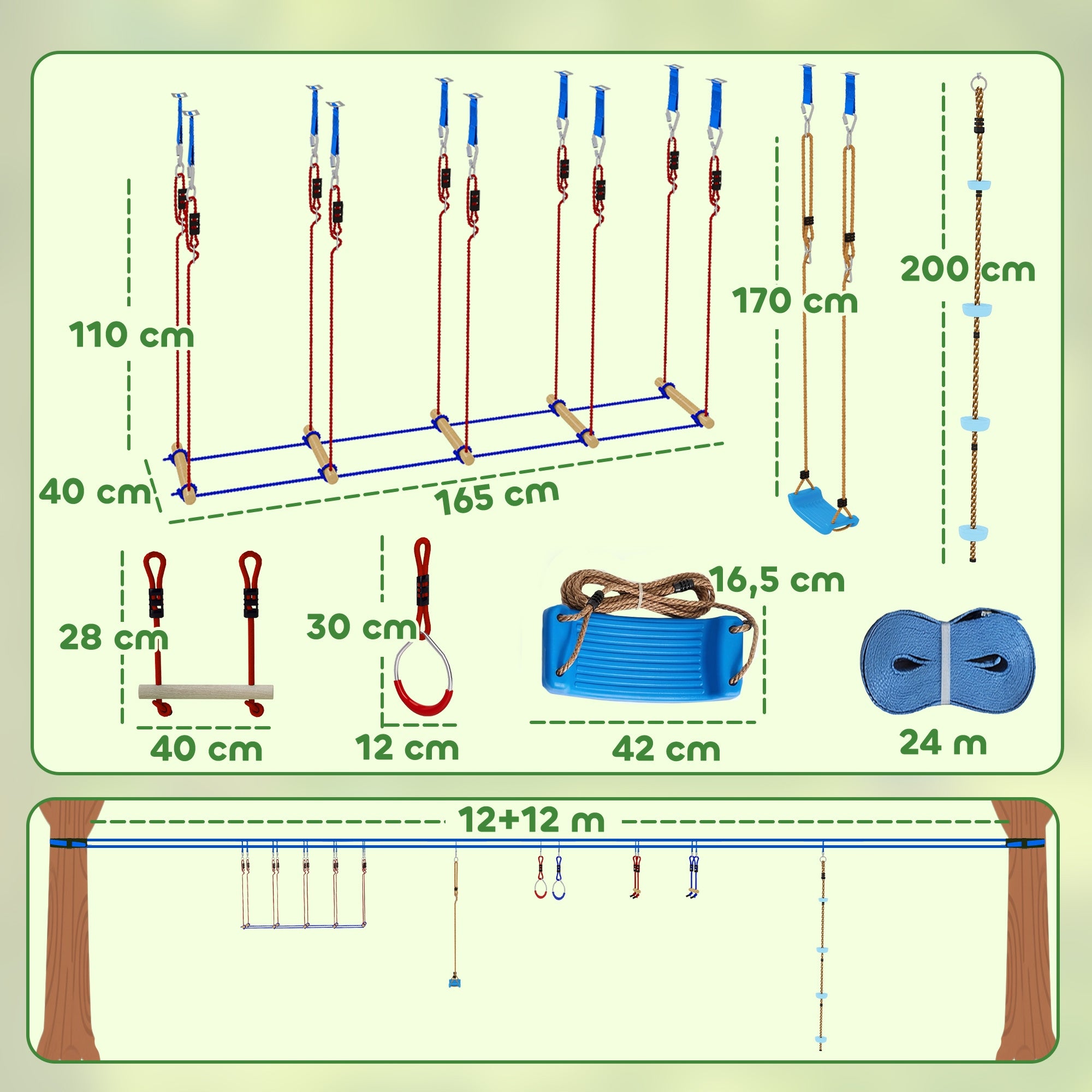 AIYAPLAY Ninja Line for kids, 24 m Slackline set with 7 obstacles Kind wooden