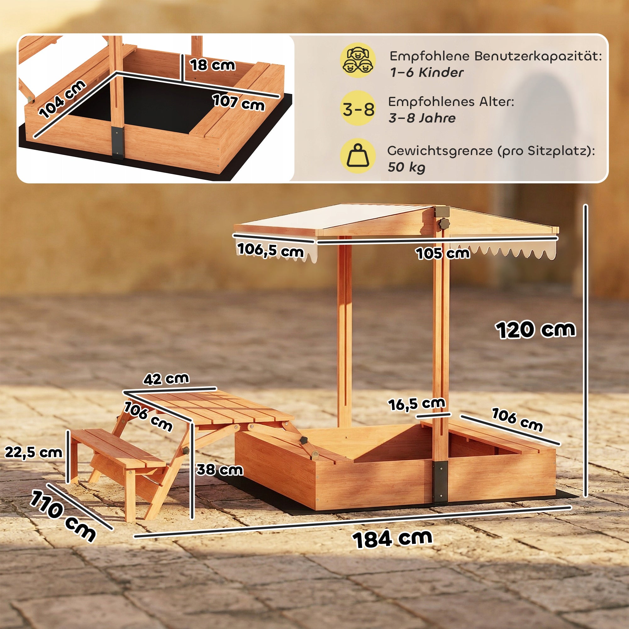 AIYAPLAY Sandbox with roof with folding picnic table and benches Kid's age 3+ years
