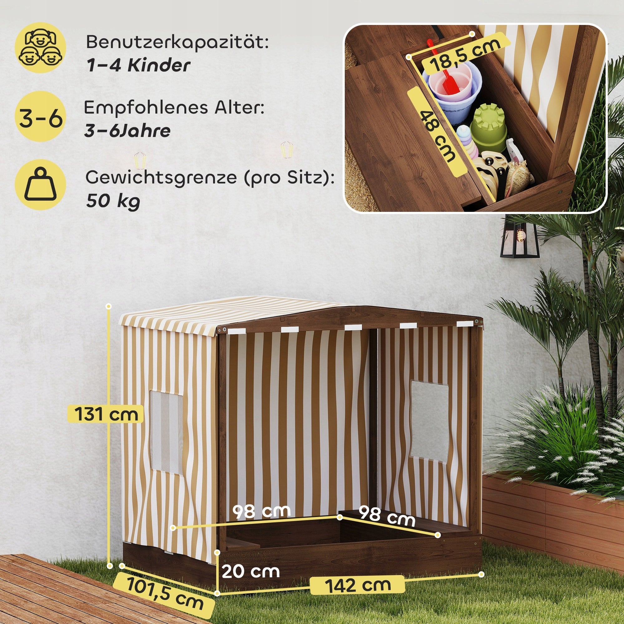 AIYAPLAY Wooden sandbox with visor and seat, with mesh Kid's age 3+ years