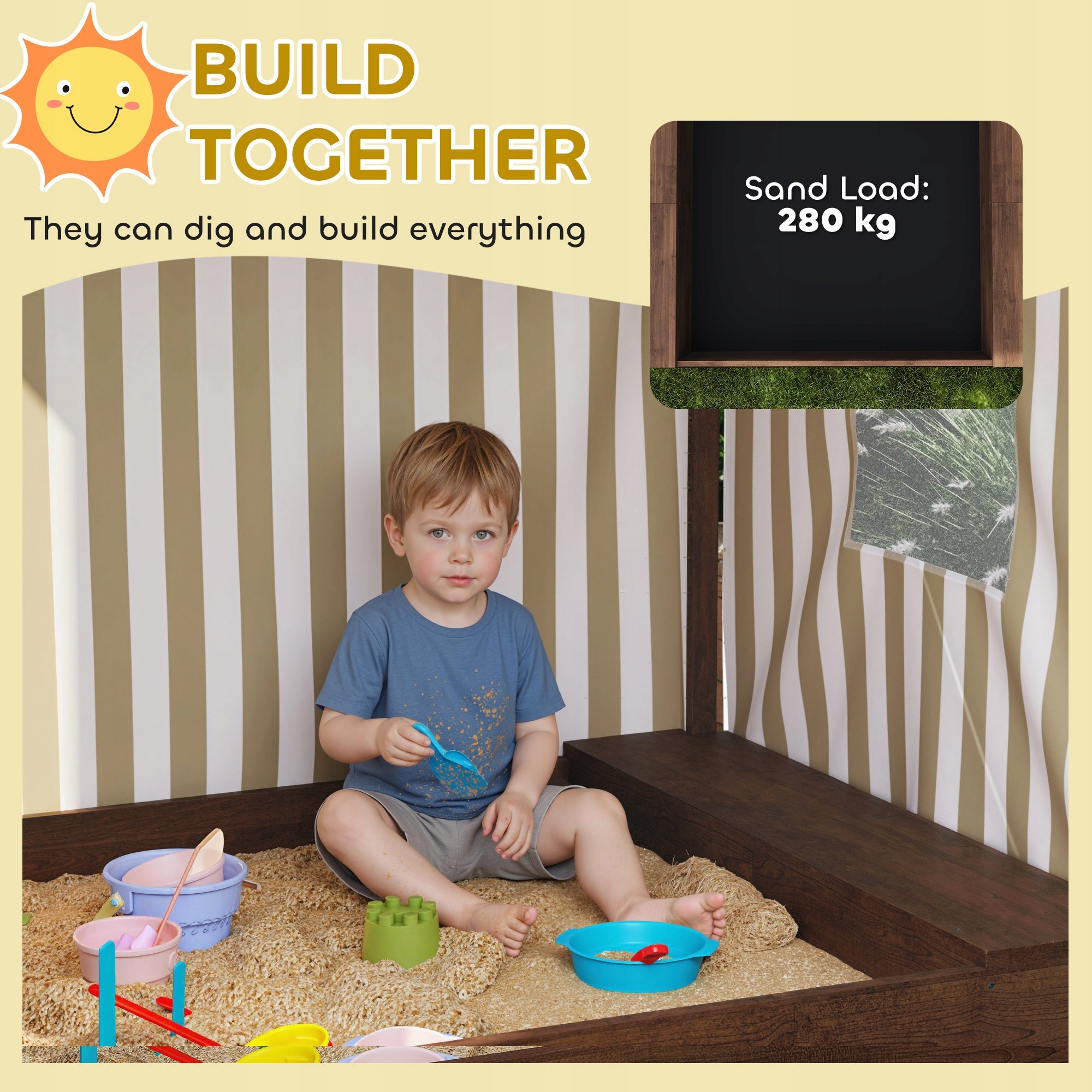 AIYAPLAY Wooden sandbox with visor and seat, with mesh Kind wooden