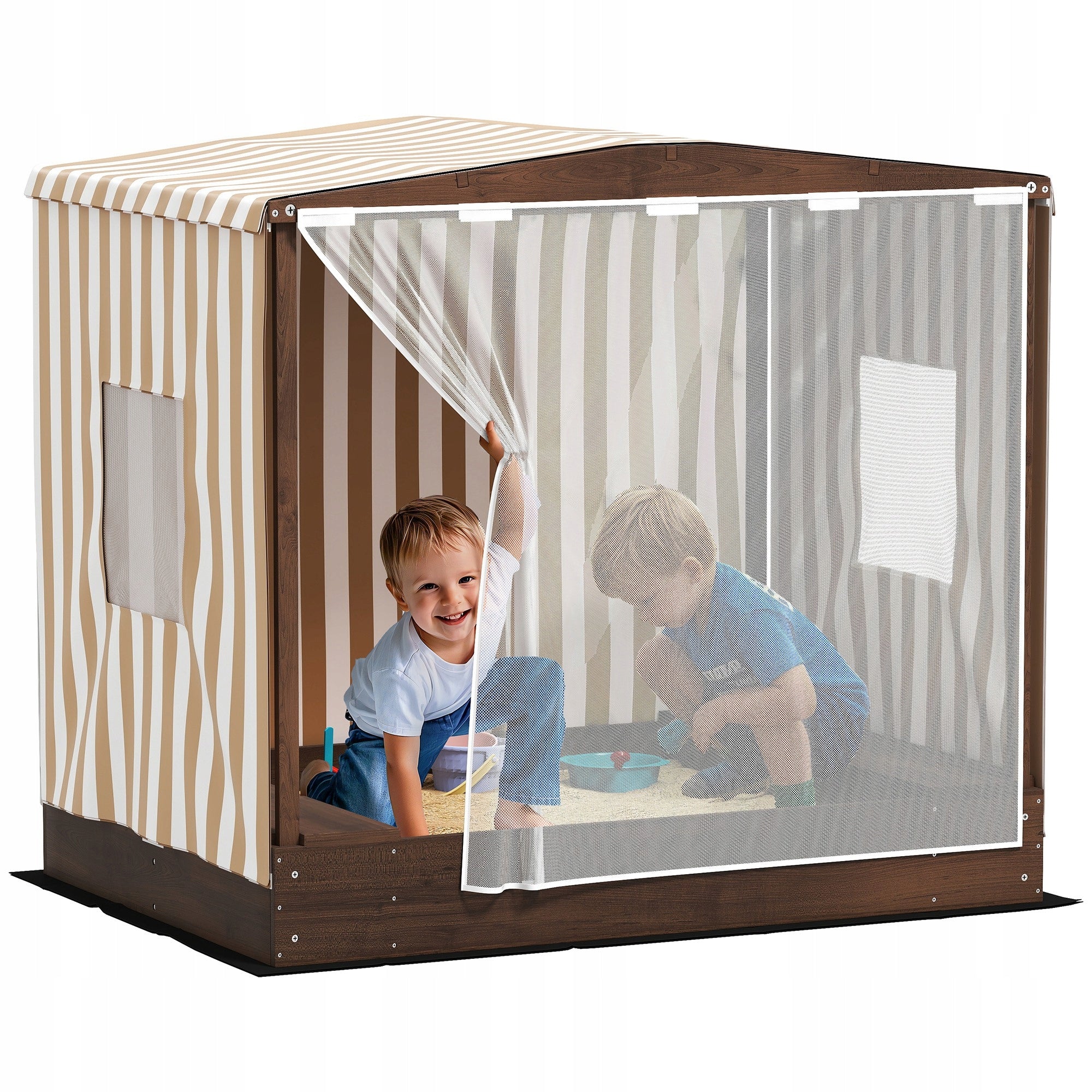 AIYAPLAY Wooden sandbox with visor and seat, with mesh