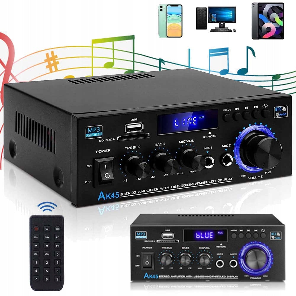 AK45 AUDIO AMPLIFIER FM BLUETOOTH RADIO 5.0 HIFI WITH USB SD AUX AND REMOTE CONTROL