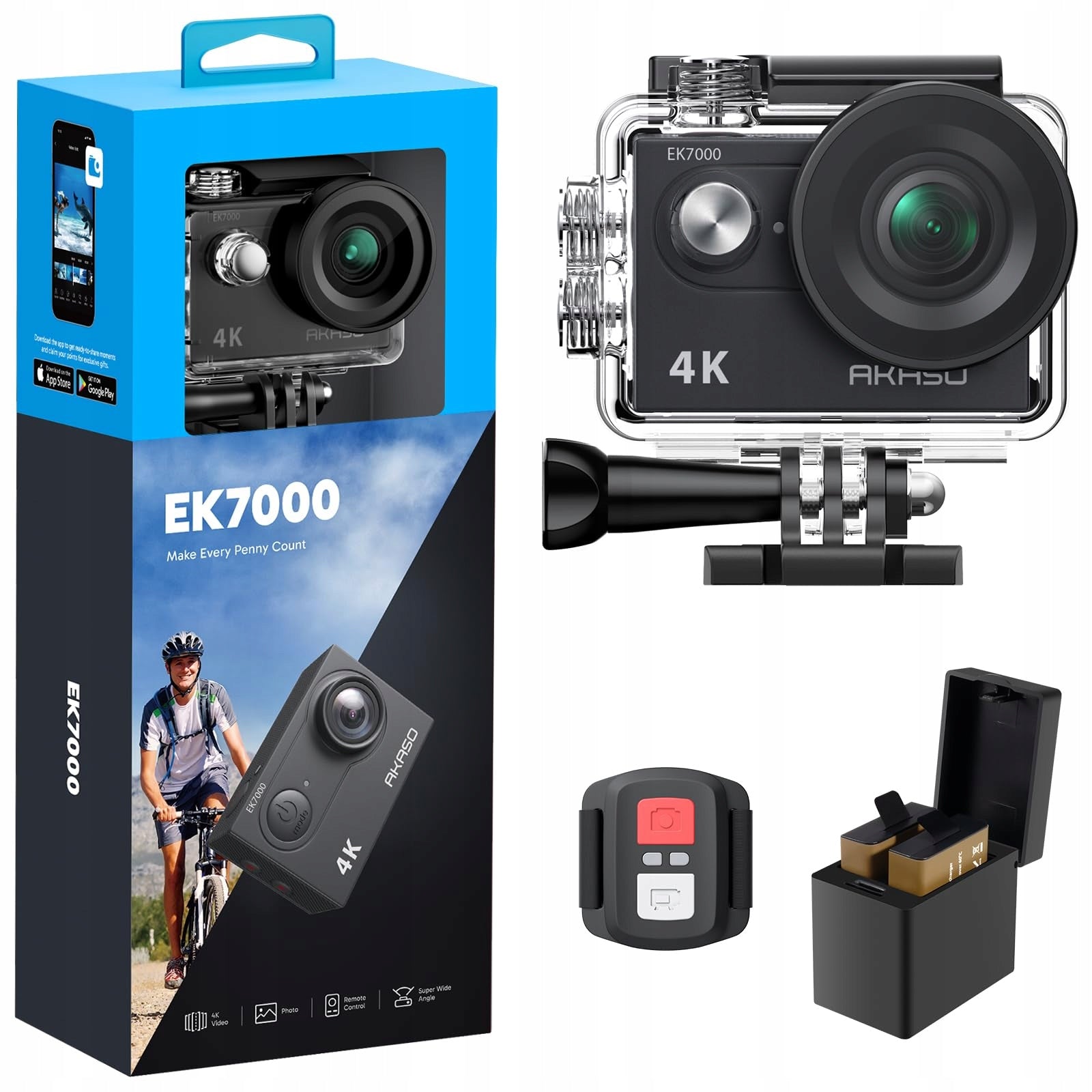 AKASO Sports Camera 4K 20MP WiFi Underwater 170° LCD Remote Control 2x1050mAh