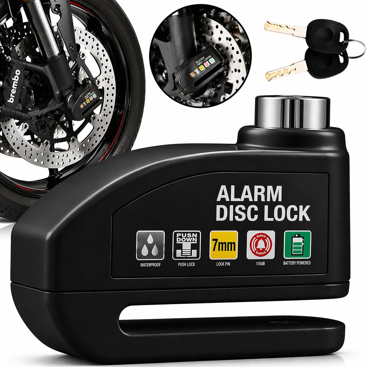 ALARM MOTORCYCLE BRAKE DISC CLOSURE SCOOTER LOCK 110dB ABS Packaging status original