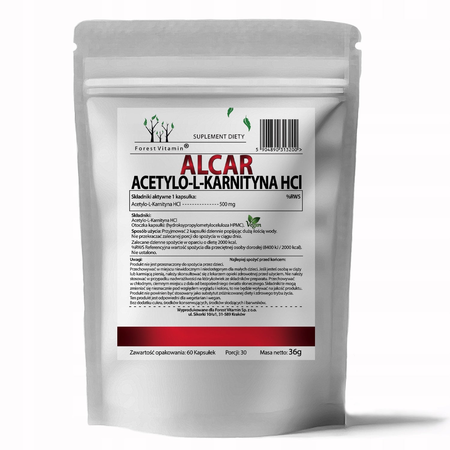 ALCAR ACETYL-L-CARNITINE HCL 500 MG 60 CAPSULES HPMC VEGAN DIETARY SUPPLEMENT Brand Forest Vitamin