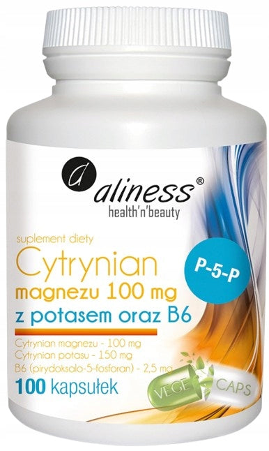 ALINESS Magnesium citrate 100mg with potassium 150mg B6 MAGNESIUM POTASSIUM 2x100 kaps. Brand Aliness