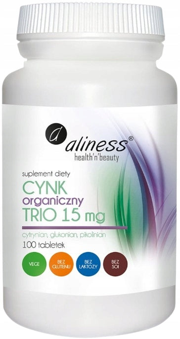 ALINESS Zinc Organic Trio 15 mg RESISTANCE SKIN HAIR NAILS 2x100 t Brand Aliness