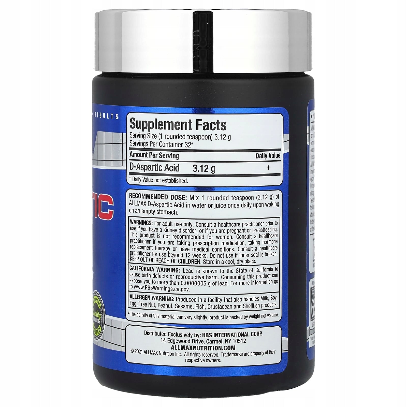 ALLMAX, D-Aspartic Acid, 100 g Expiration date at least 3 months from the date of purchase