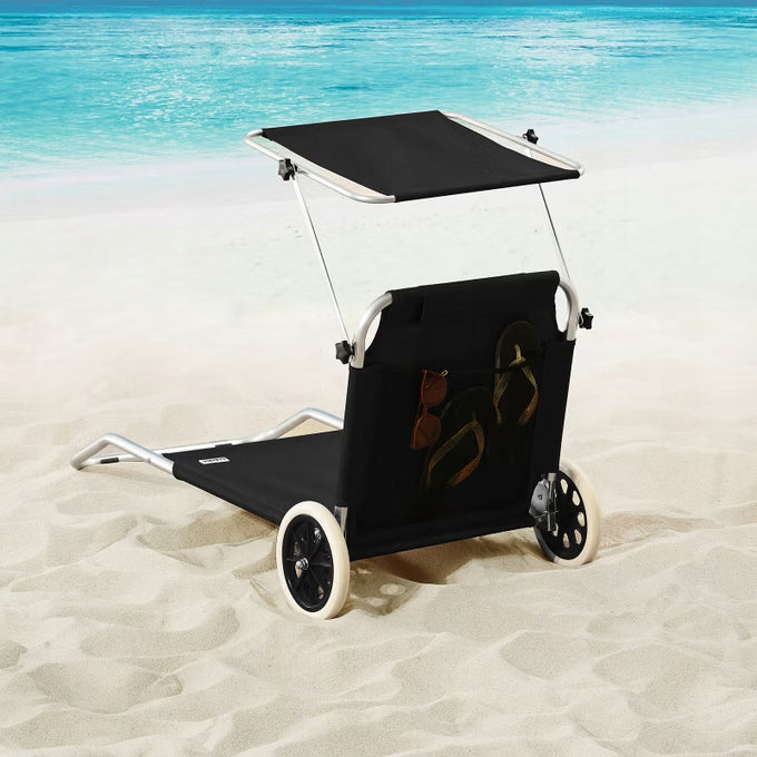 ALUMINIUM SUN LOUNGER WITH ROOF ON WHEELS Color black