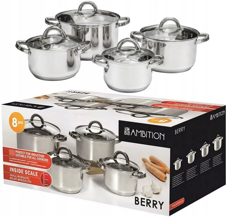AMBITION 8 POTS STAINLESS STEEL BERRY STEEL POT SET FOR INDUCTION GAS