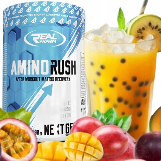 AMINO ACIDS BCAA BETA ALANINE Real Pharm Amino Rush 500g MANGO PASSION FRUIT