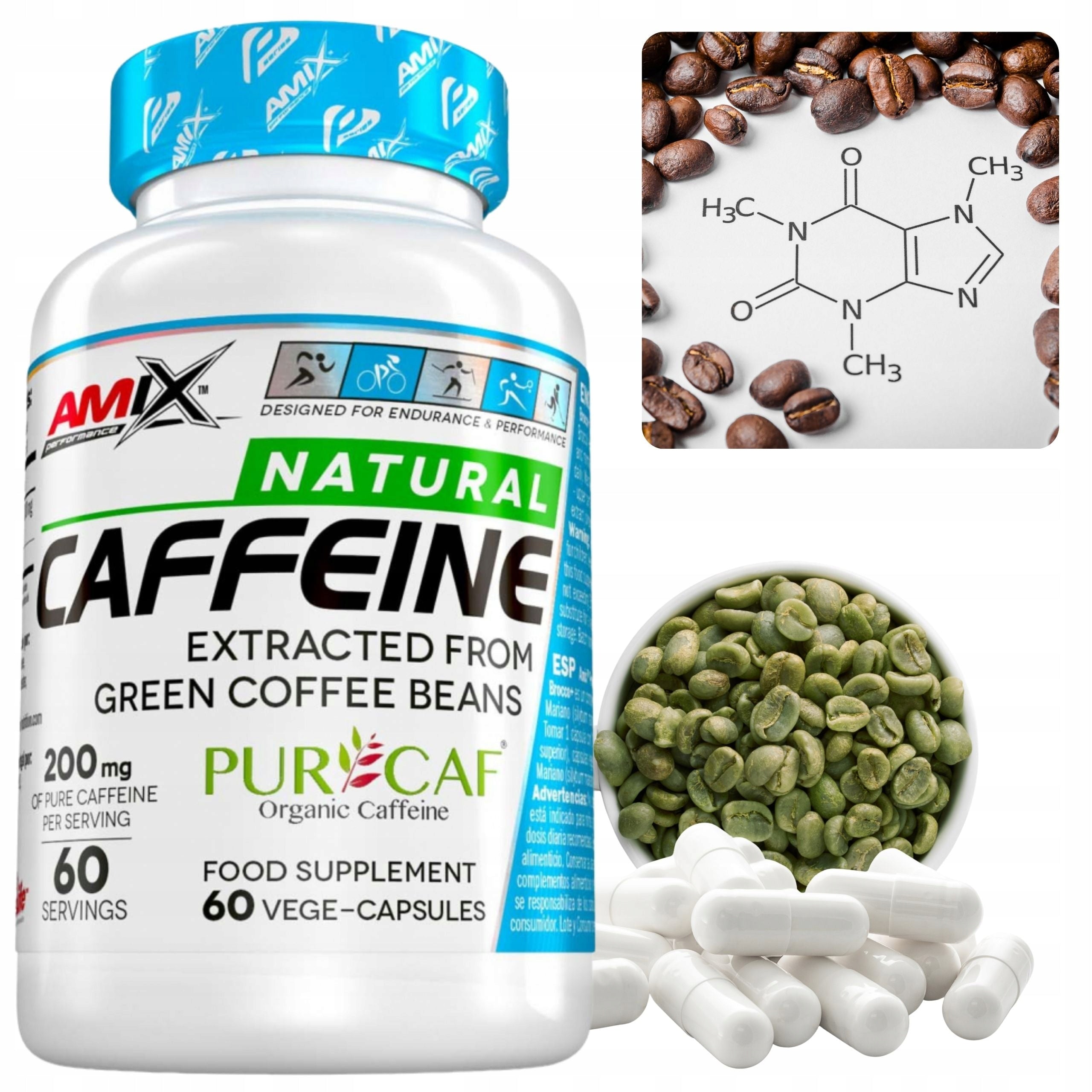 AMIX Caffeine Pure Caffeine Green Coffee Extract Energy Focus 60pcs