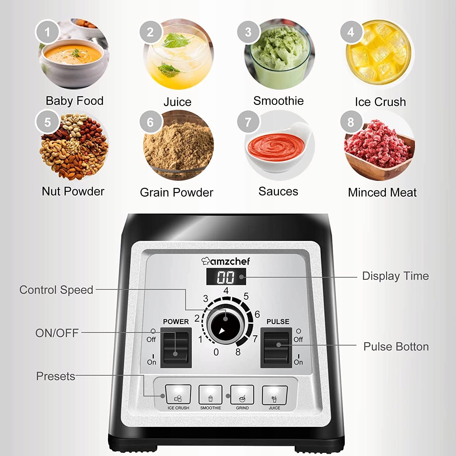 AMZCHEF Blender 2000W do koktajli 2L, 8 prędkości, szary