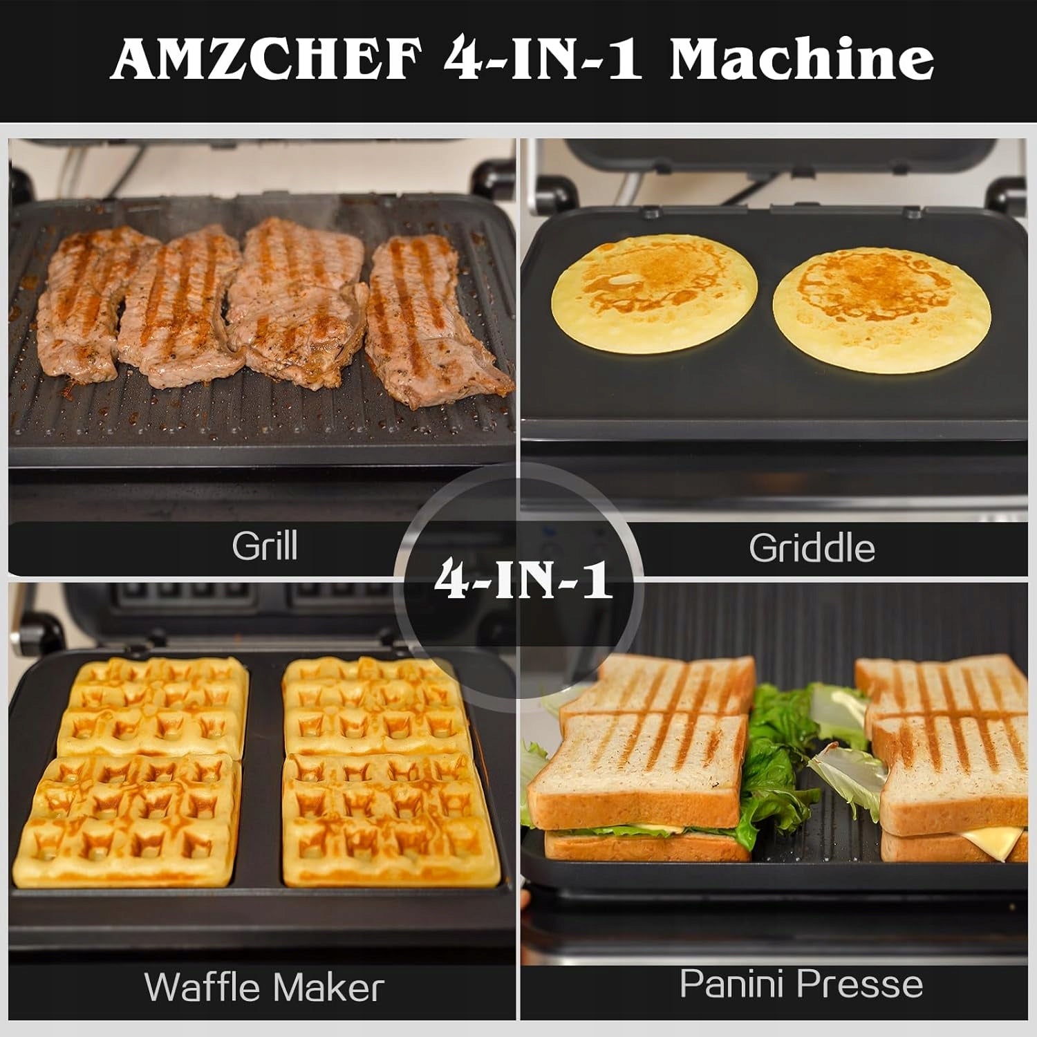 AMZCHEF grill 4in1 sandwich maker waffle maker with replaceable plates and LED Power rating 2000 W