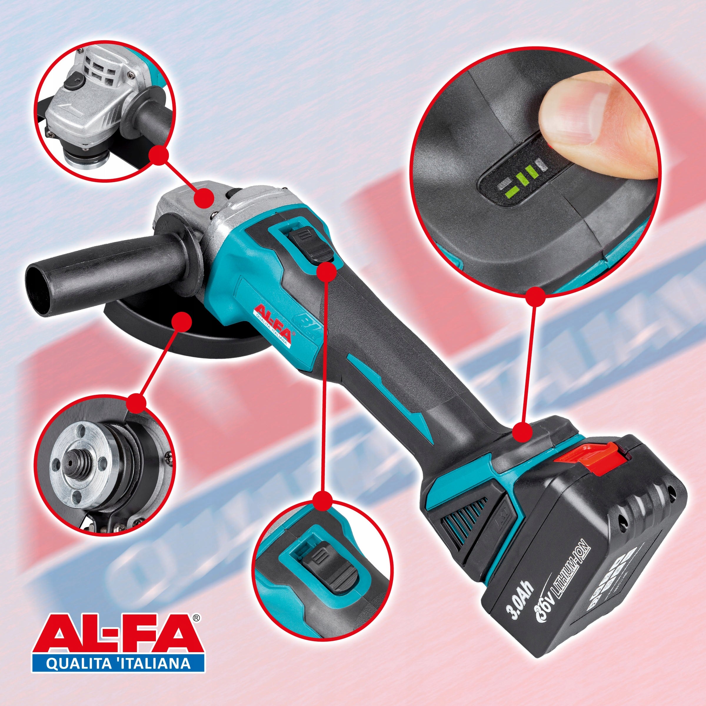 ANGLE GRINDER CORDLESS BRUSHLESS RUBBER ANGLE 2XAKU 4AH POWER Brand AL-FA