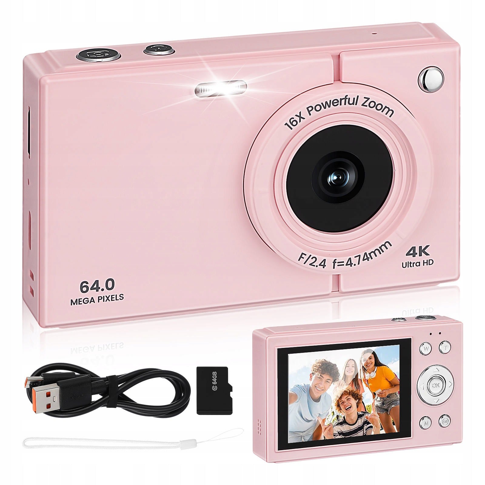 APARAT CYFROWY 4K Z EKRANEM 2.8 CALA 16X RÓŻOWY 64GB Resolution 1 Mpx