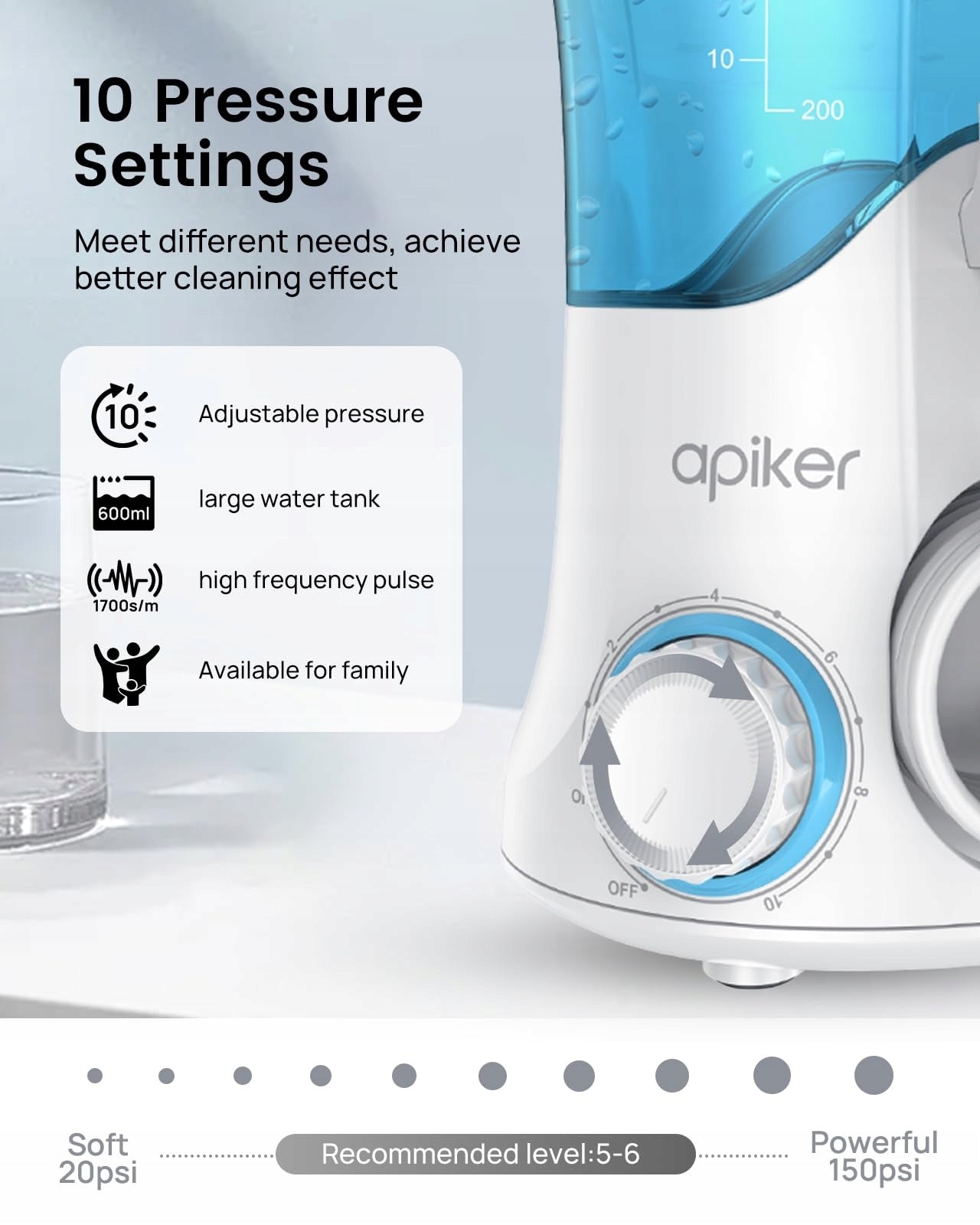 APIKER Electric Tooth Irrigator 8 Nozzles 10 Modes 600ml For Family Brand Apiker