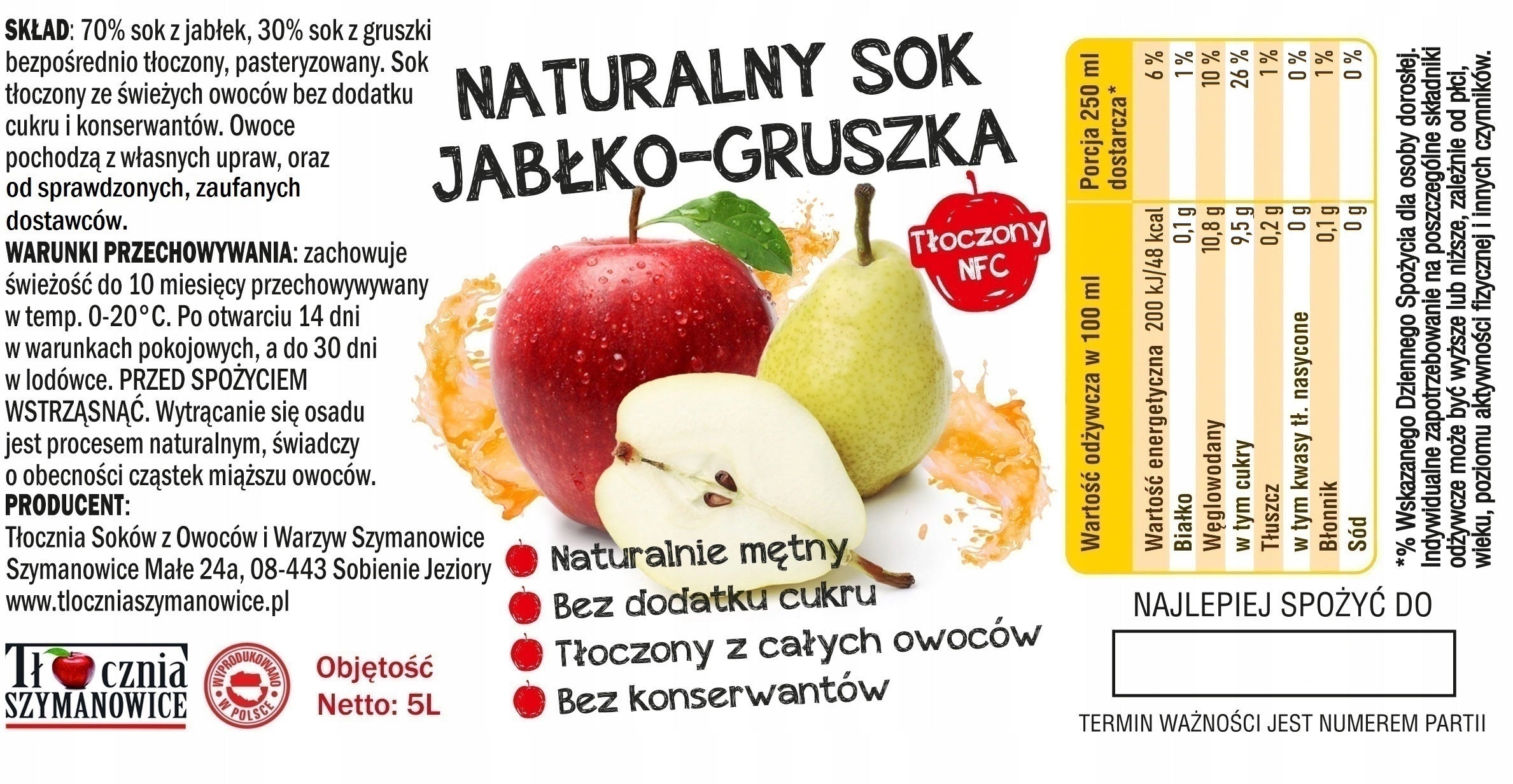 APPLE PEAR Juice 100% NFC Pressed PEAR Manufacturer code TS-JGRUSZKA-5L