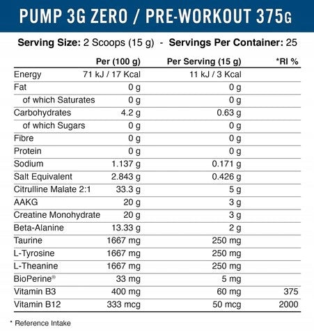 APPLIED NUTRITION Pump 3G Zero-Stim Fruit Punch 0.375 kg. Expiration date not specified