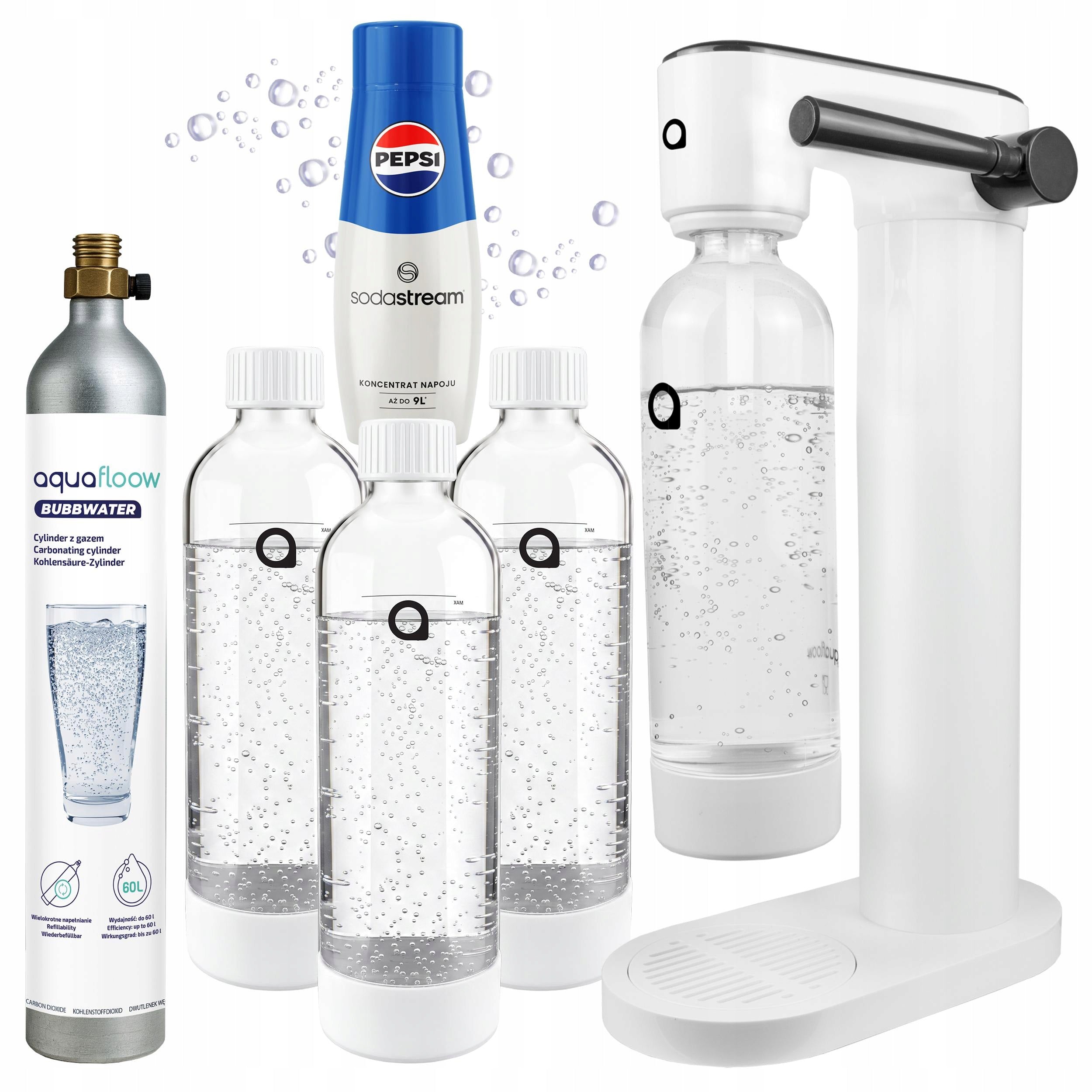 AQUAFLOOW CARBONATED WATER SATURATOR CO2 BOTTLE + 3X PEPSI WATER BOTTLE
