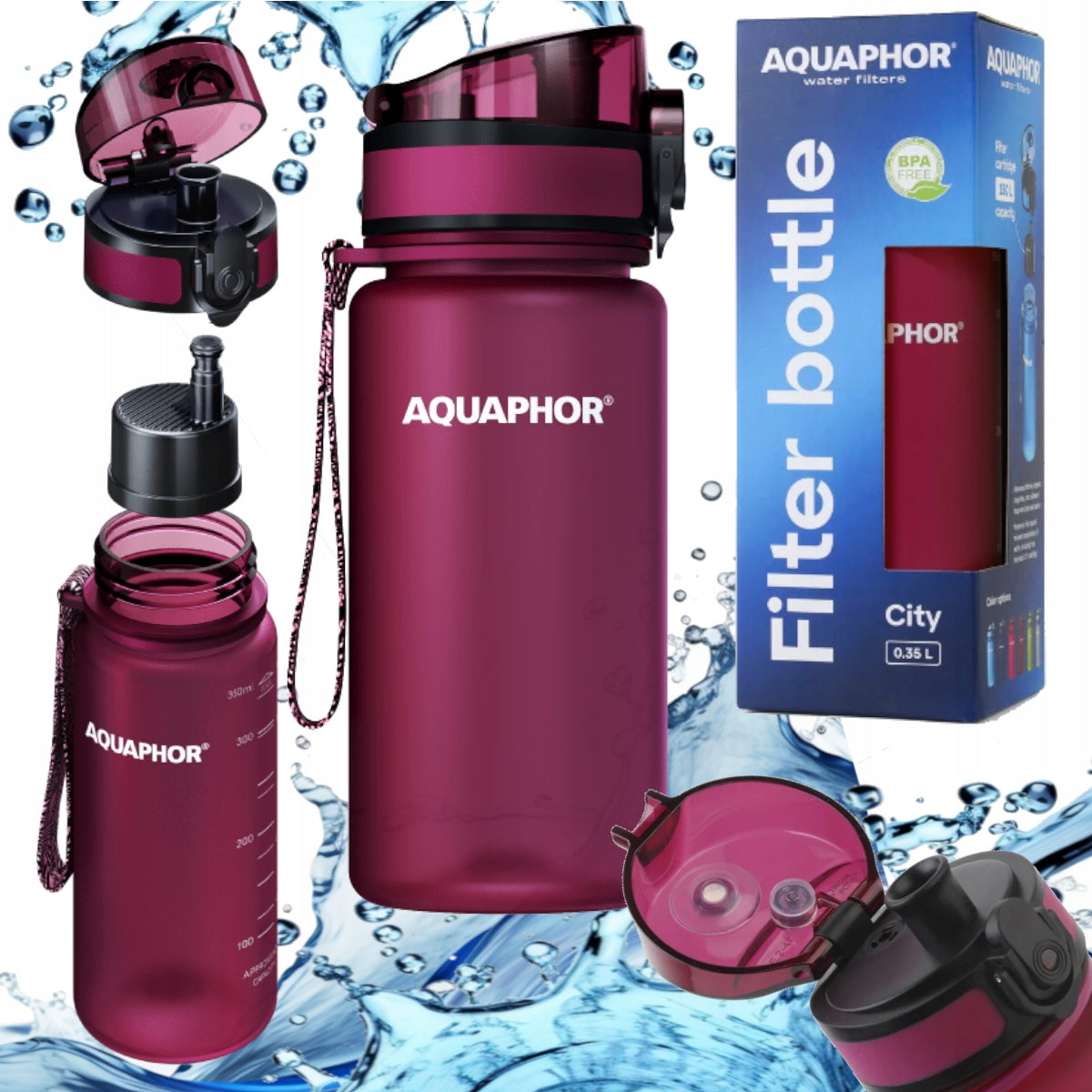 AQUAPHOR CITY 0,35 L Burgundy small filter bottle with filter cartridge