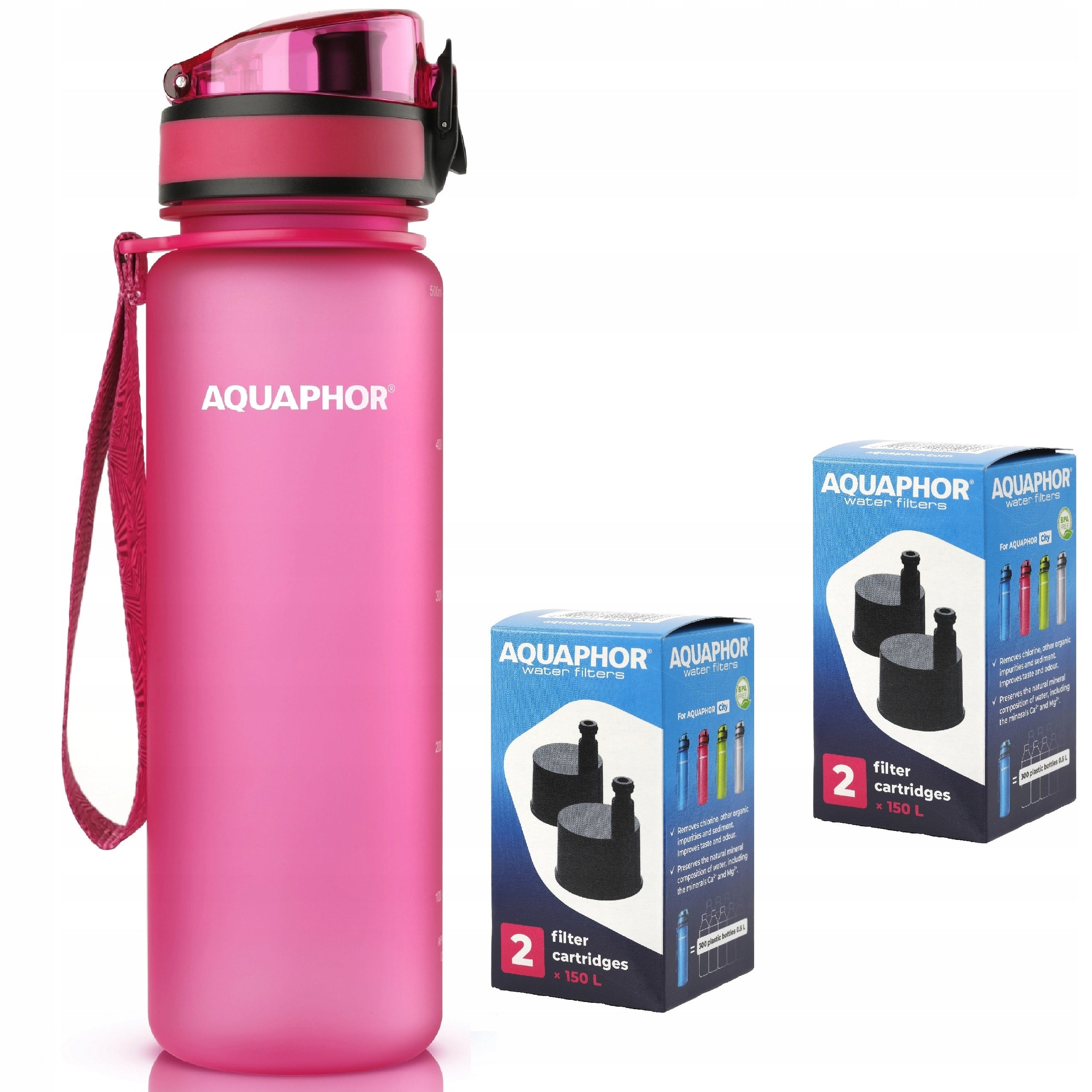 AQUAPHOR City 500 ml Drinking Water Filter Bottle with 5 Refills Pink Brand Aquaphor