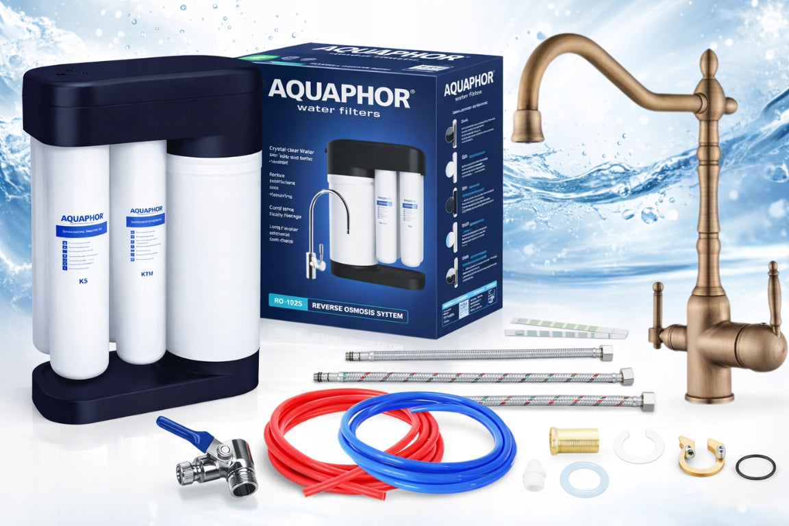 AQUAPHOR RO 102S REVERSE OSMOSIS SYSTEM AND BRASS WATER FILTER TAP Packaging status original
