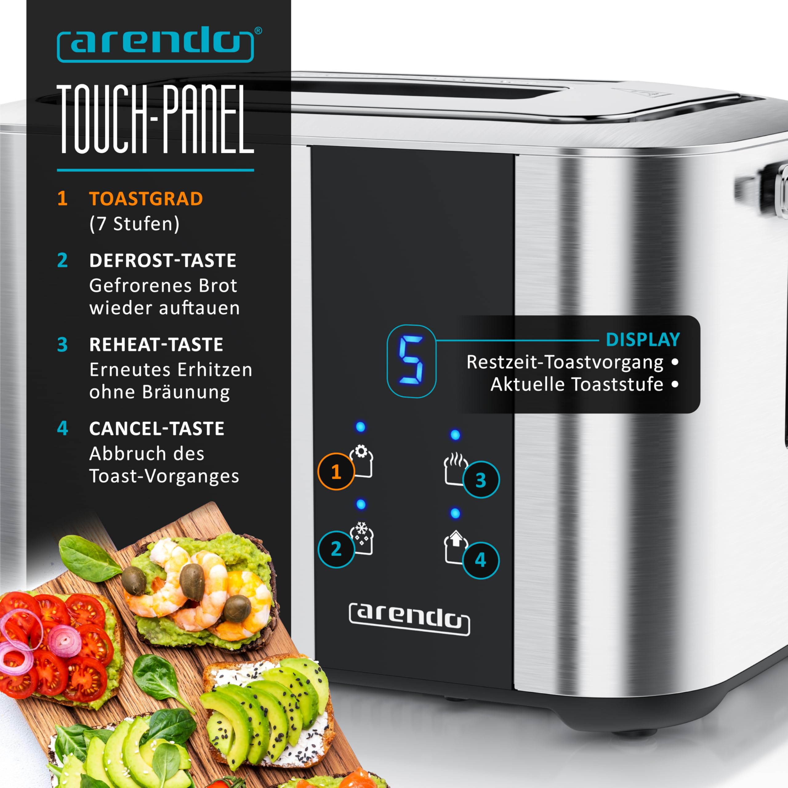 ARENDO Steel Toaster Long Slot 2 Slices Touch Screen Silver Packaging status original