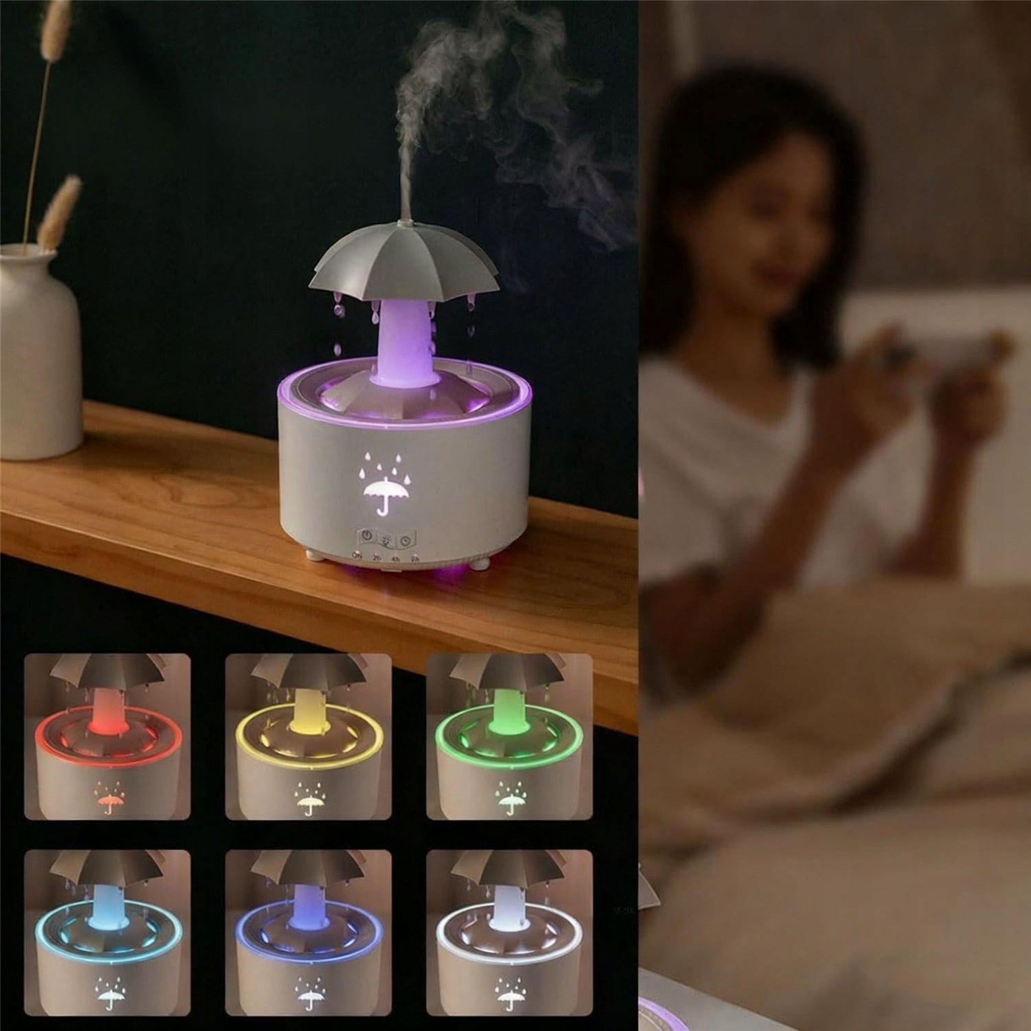 AROMATHERAPY DIFFUSER, RAIN SOUNDS FOR FALLING ASLEEP 300 ML HUMIDIFIER Model Nawilżacz dyfuzor 300 ml