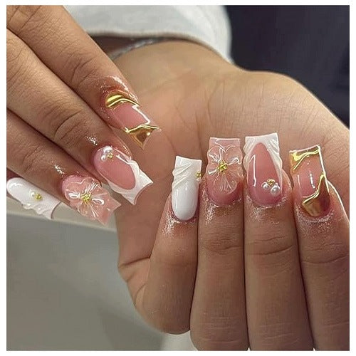 ARTIFICIAL ACRYLIC NAILS SQUARE FRENCH 3D FLOWERS FOR WOMEN
