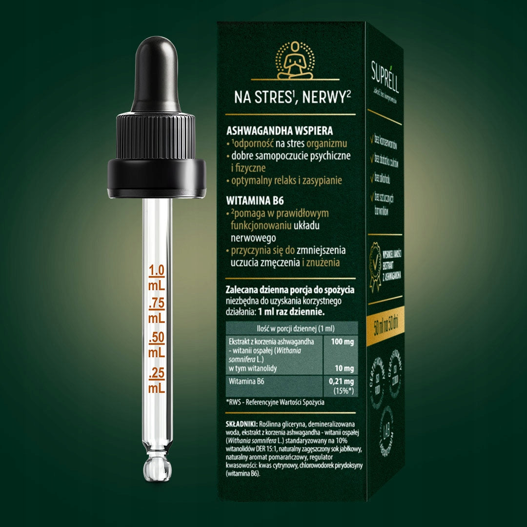 ASHWAGANDHA drops + vit B6, for 50 days after 10mg of withanolides, Stress Sleep 50 ml Expiration date at least 1 year from the date of purchase