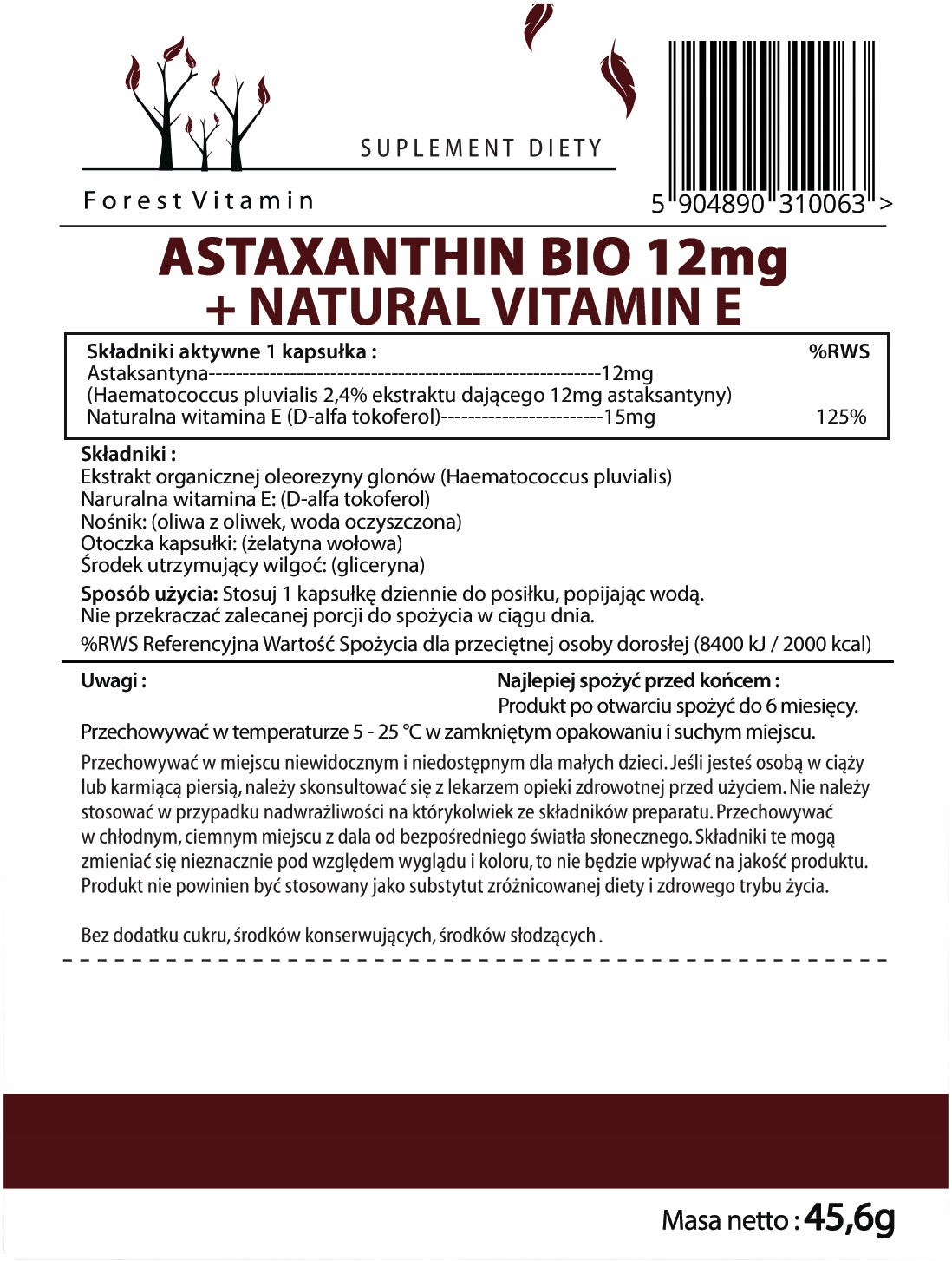 ASTAXANTHIN VITAMIN E FOREST Vitamin astaxanthin BIO 12mg 60 kaps. Brand Forest Vitamin