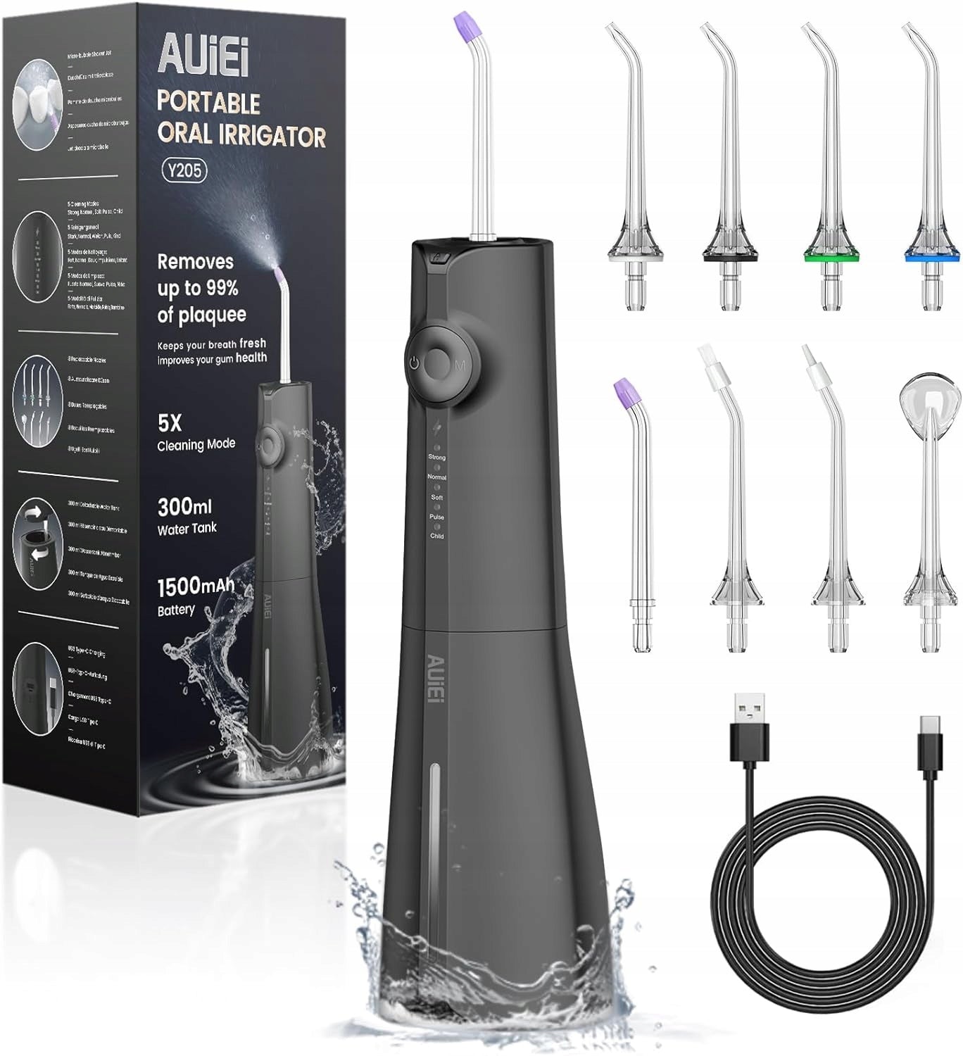 AUIEI Wireless Portable Irrigator, 5 Operating Modes and 8 Nozzles, 300 ml