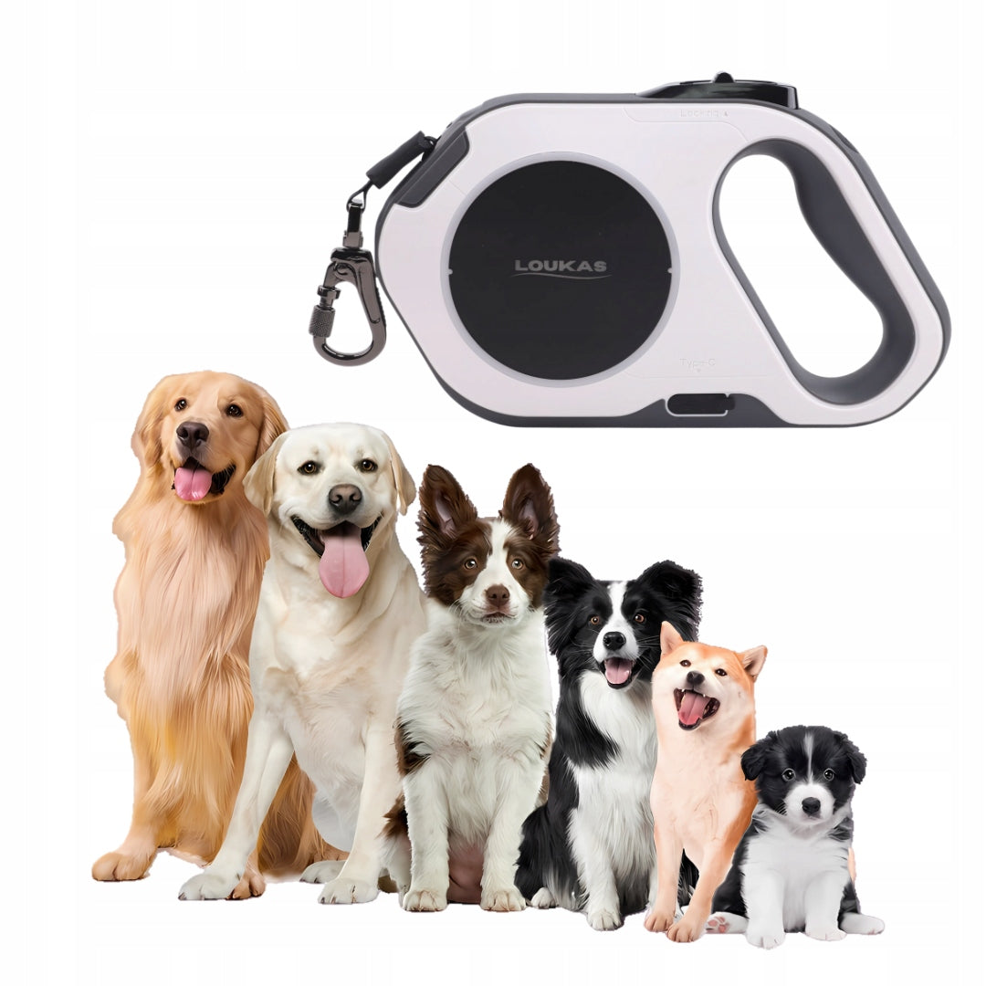 AUTOMATIC DOG LEASH 5M TO 30KG WITH FLASHLIGHT LOCK ILLUMINATED WHITE Maximum leash length 5 m