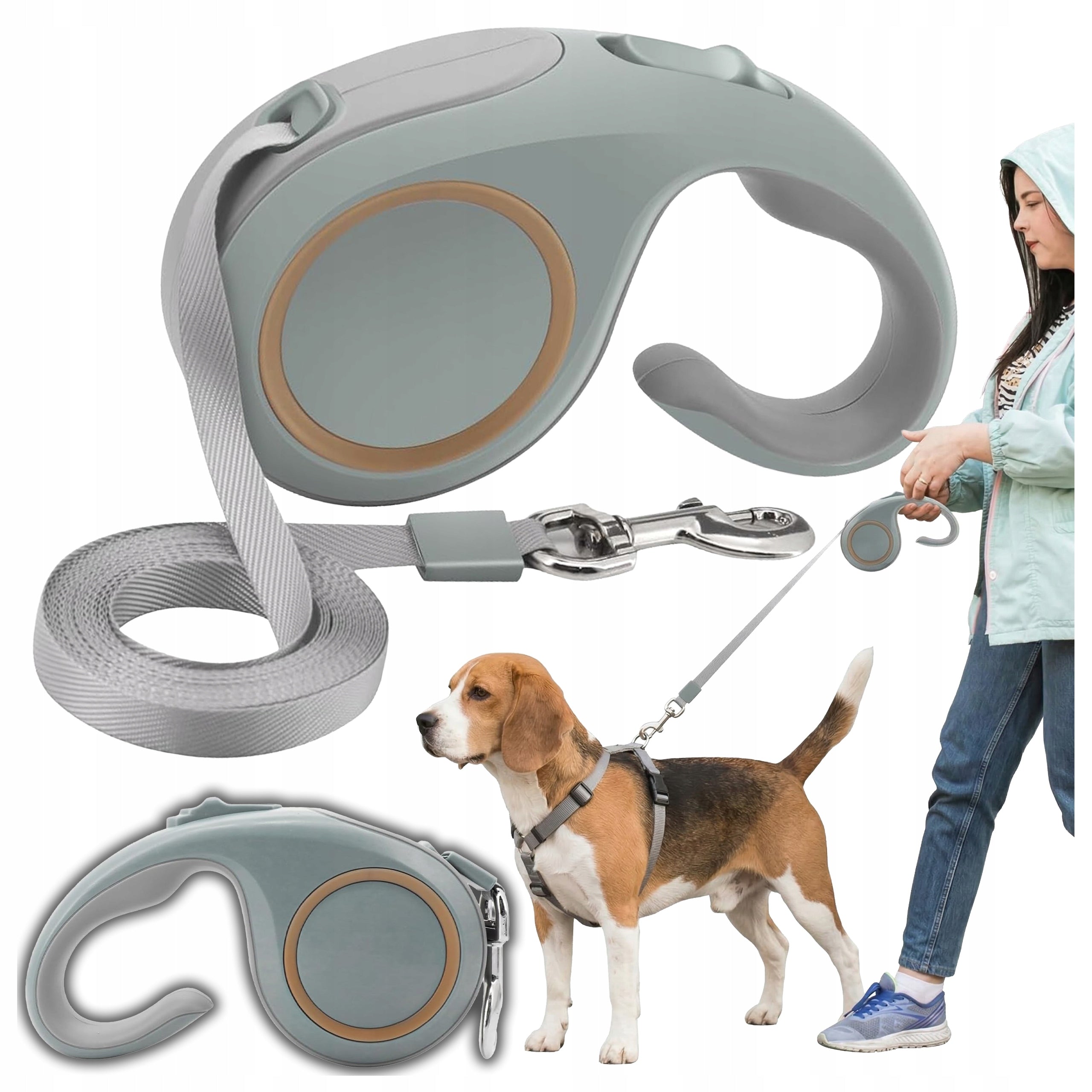 AUTOMATIC DOG LEASH Tape Long Strong Green Handle Rope Fazoo 5m