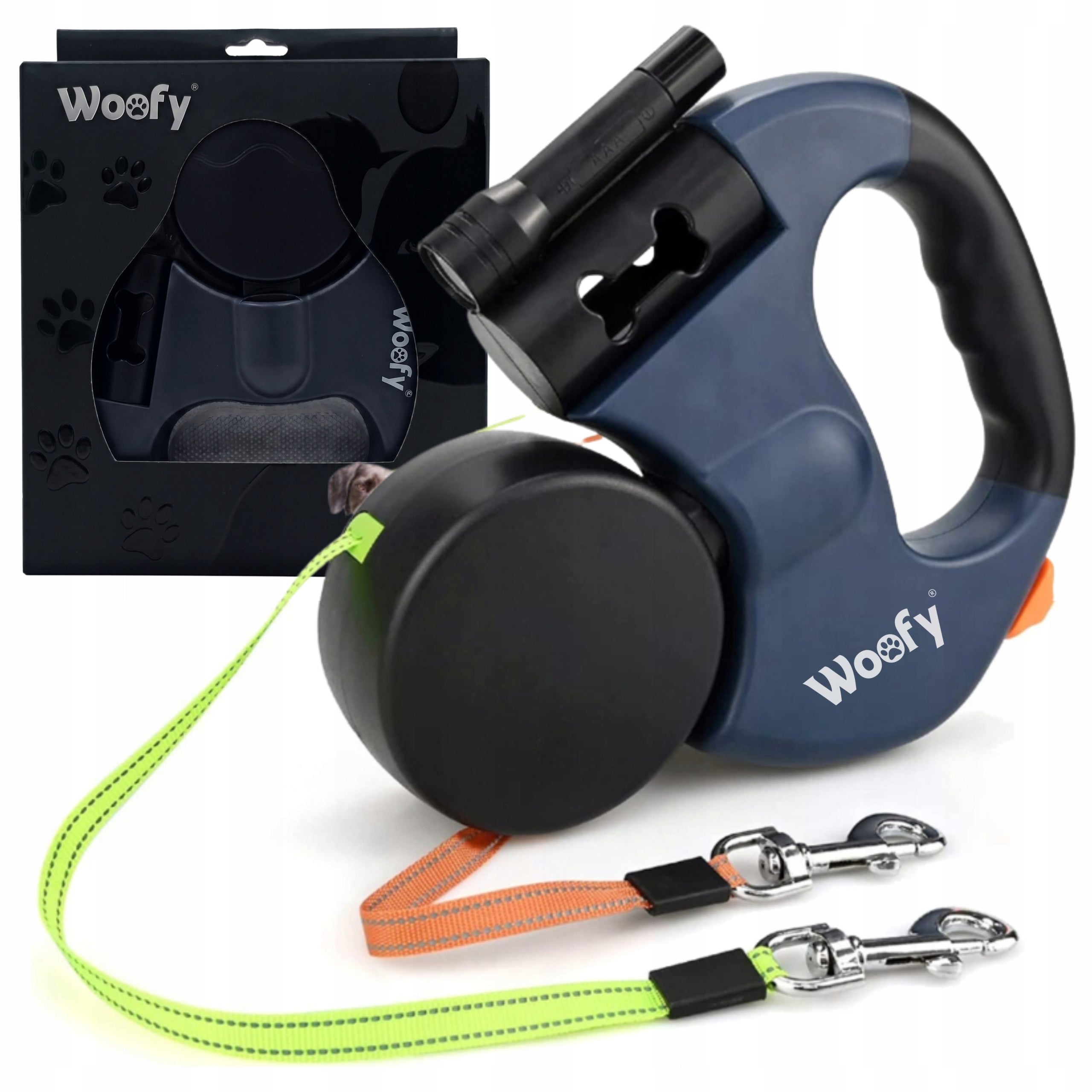 AUTOMATIC DOUBLE LEASH FOR TWO DOGS WITH FLASHLIGHT REFLECTIVE TAPE 3M