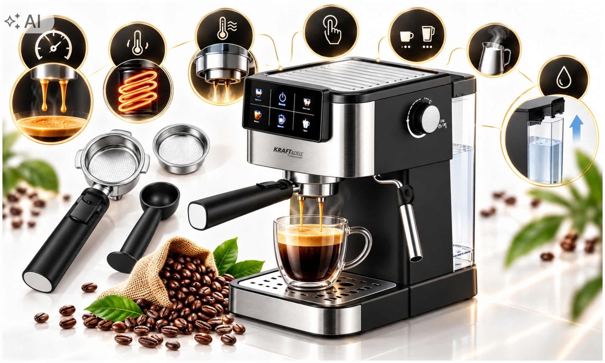 AUTOMATIC TOUCH PRESSURE COFFEE MAKER 1500W LED 20BAR FROTHER Packaging status original