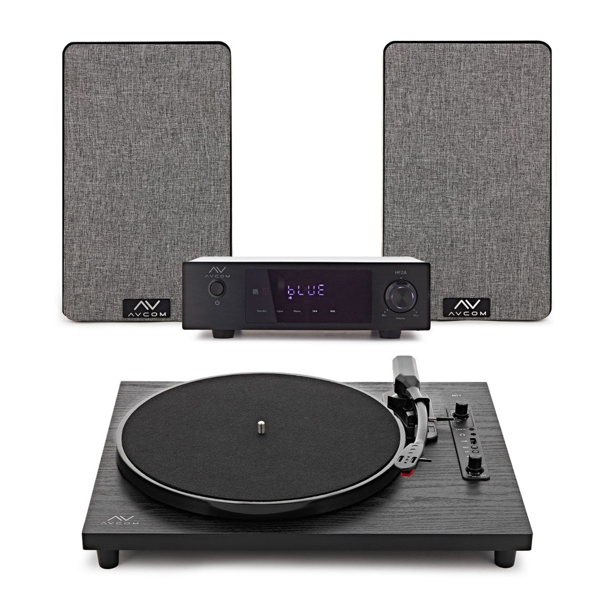 AVCOM Contemporary Turntable with Amplifier and Speakers, Black Packaging status original