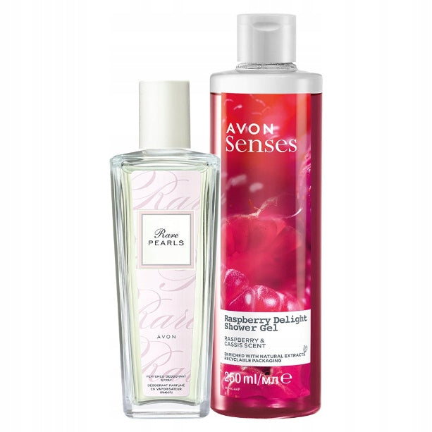 AVON SET OF 2 COSMETICS RARE PEARLS SPRAY 75 ML + GEL 250 RASPBERRY