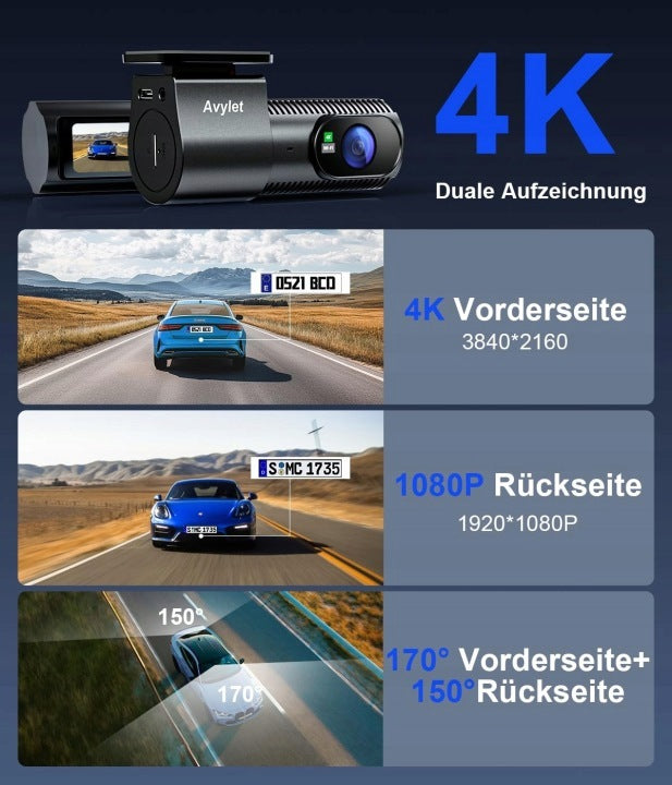 AVYLET A4 Car Camera 4K WiFi Video Recorder Front Rear Brand no brand