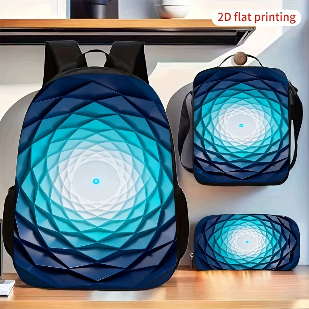 Abstract Blue Gradient Concentric Circle 3-Piece Backpack Set with Crossbody Bag