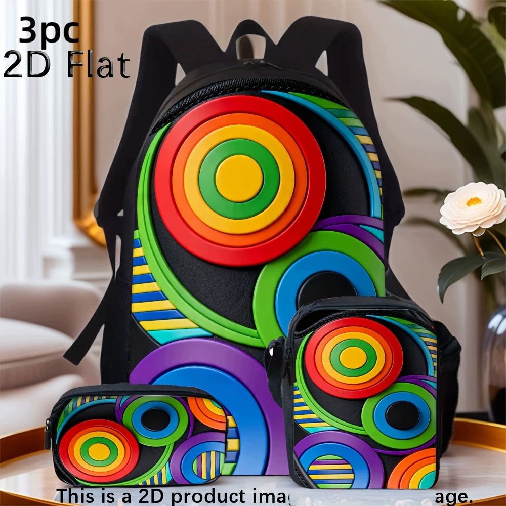 Abstract Circular Pattern 3-Piece Backpack Set: Backpack, Crossbody Bag, Pencil Case