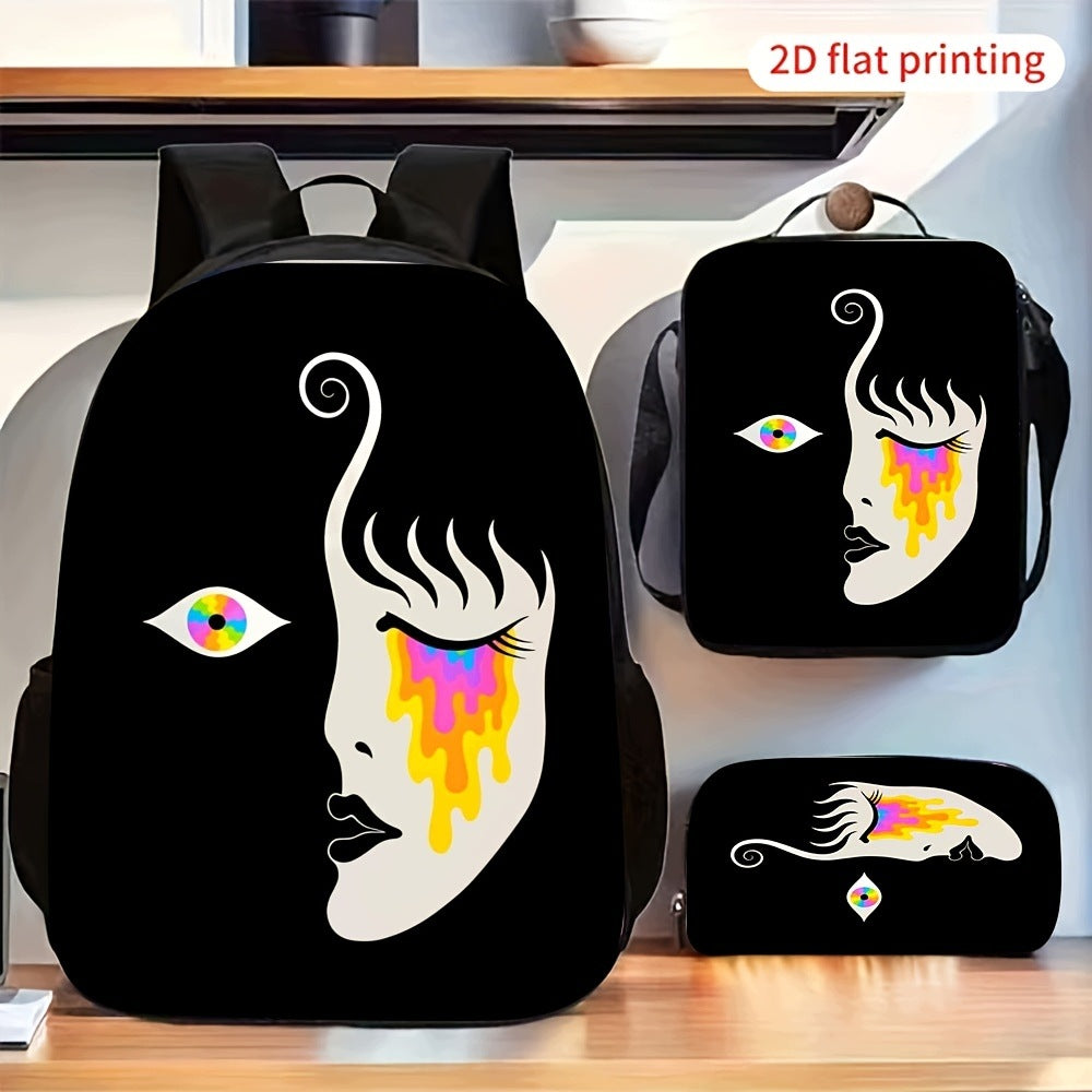 Abstract Psychedelic Split Face Pattern 3-Piece 2D Flat Backpack Set
