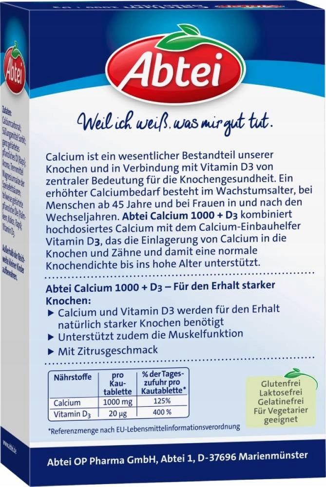 Abtei Calcium Tablets 1000 + D3 Healthy Tooth Bones after 45 Years of Life Form tablets