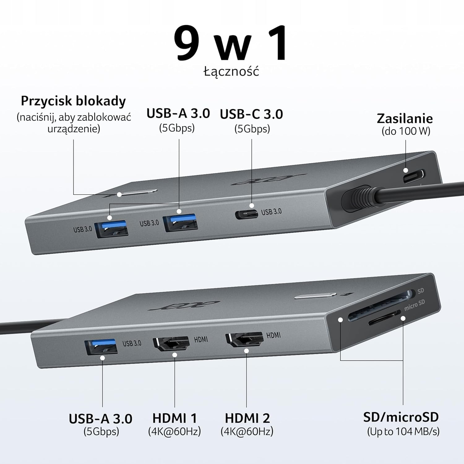 Acer USB-C Hub Docking Station 9in1 HDMI 4K 100W PD Packaging status original
