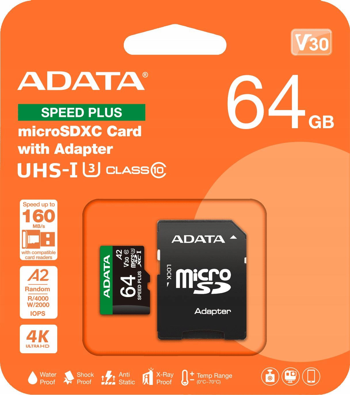 Adata Memory card microSD Speed Plus 64GB UHS1 U3 V30 A2 160/140 MB/s Card capacity 64 GB