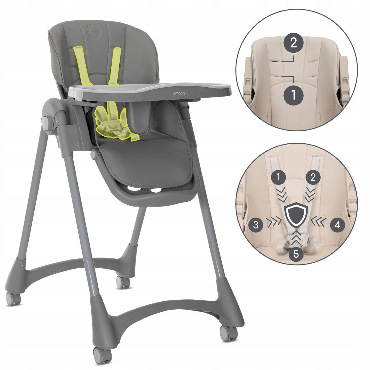 Adjustable Feeding Chair with Tray Folding Multifunctional TummyTime Color shades of gray and silver