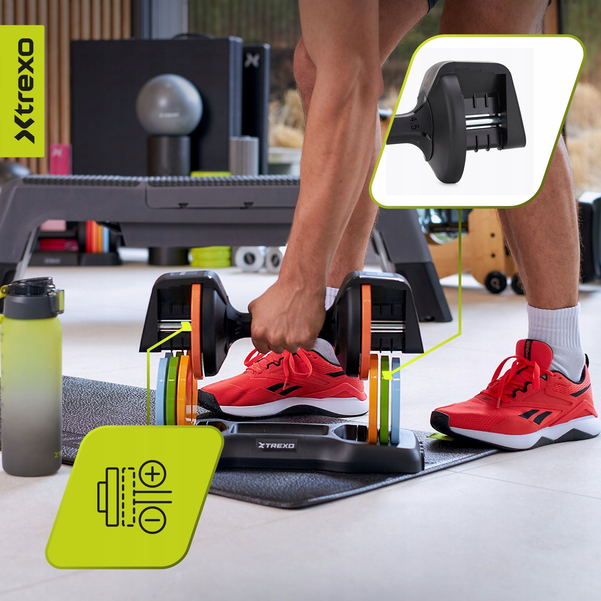 Adjustable dumbbell XTREXO WITH STAND 11,5 kg multicolor STEEL RUBBERIZED Kind coated/rubberized