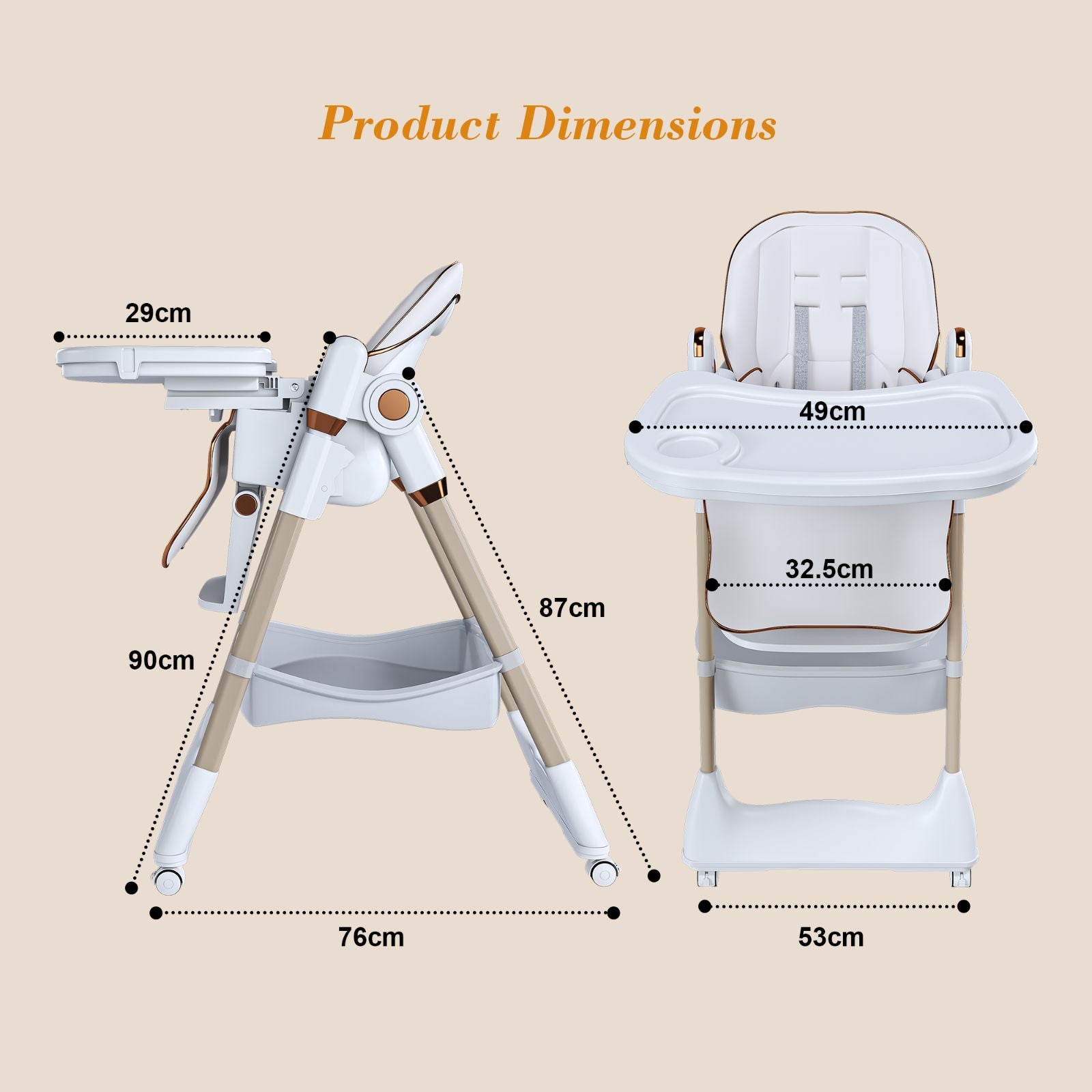 Adjustable high chair 0-6 years with wheels Color white